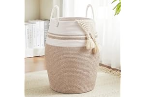 65L Cotton Rope Laundry Hamper by Fiona's magic, Large Woven Tall Laundry Basket for Storage Clothes and Toy in Bedroom, Living Room Organizing, Collapsible, Brown & White
