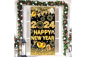 AUSHENKE New Years Decorations 2024 Happy New Year Banner for New Years Eve Party Decoration Supplies, 71x35inch (Black Gold)