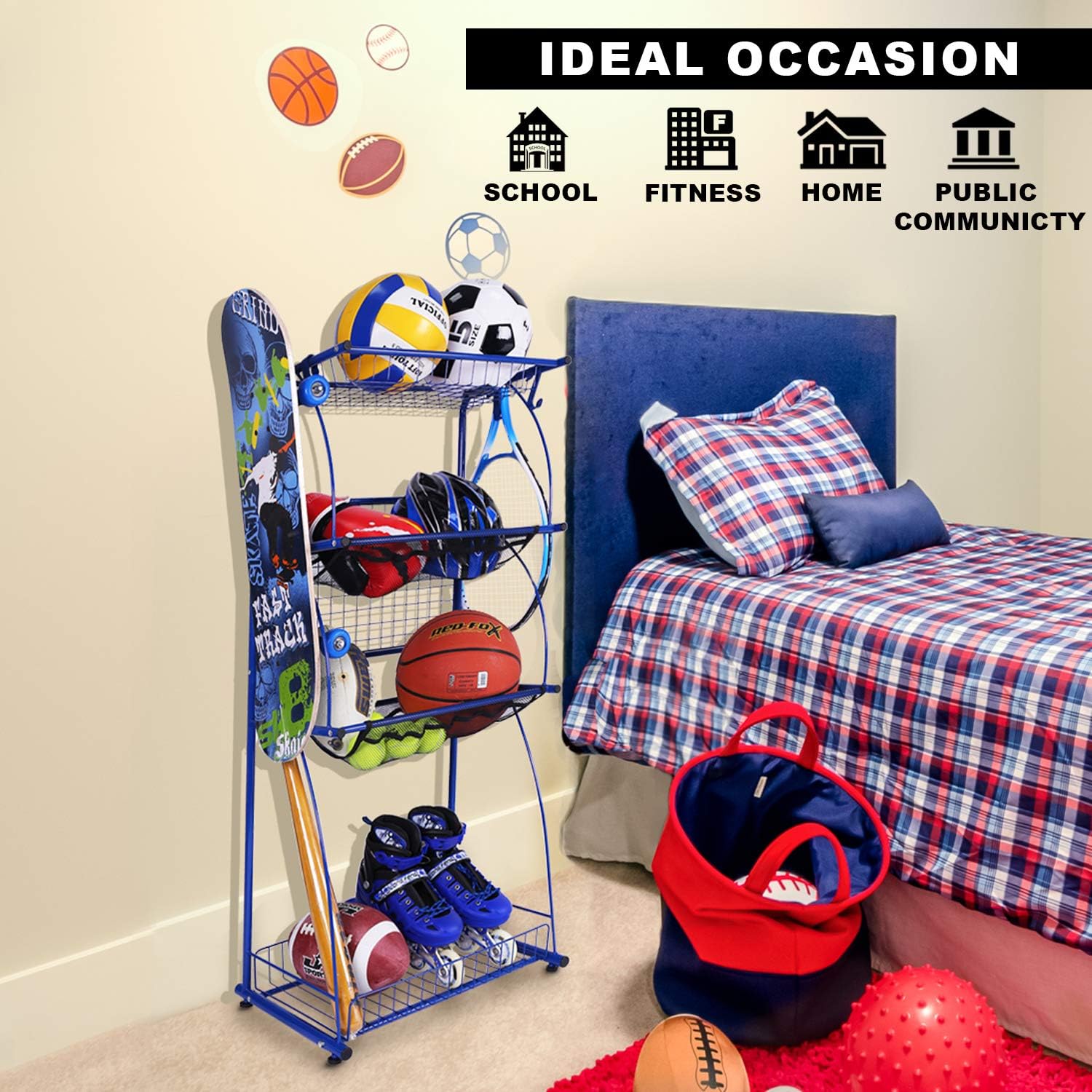Mythinglogic Sports Equipment Storage for Garage, 4 Shelf Shelving Garage Organizer with Rack, Sports and Ball Storage, Sport Gear Balls Storage, Sport Utility Storage Rack, Blue: Sports & Outdoors