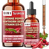 Tenmido 10in1 Cayenne Pepper Liquid Drops with Vitamin D3, Vitamin K2, Hawthorn Berry, Beet Root, Ginger, Ceylon Cinnamon, Turmeric, Berberine and Panax Ginseng - 30 Days Supply