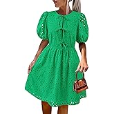 KIRUNDO Eyelet Summer Dresses for Women 2025 Short Sleeve Tie Front Babydoll A Line Wedding Guest Beach Vacation Sundress