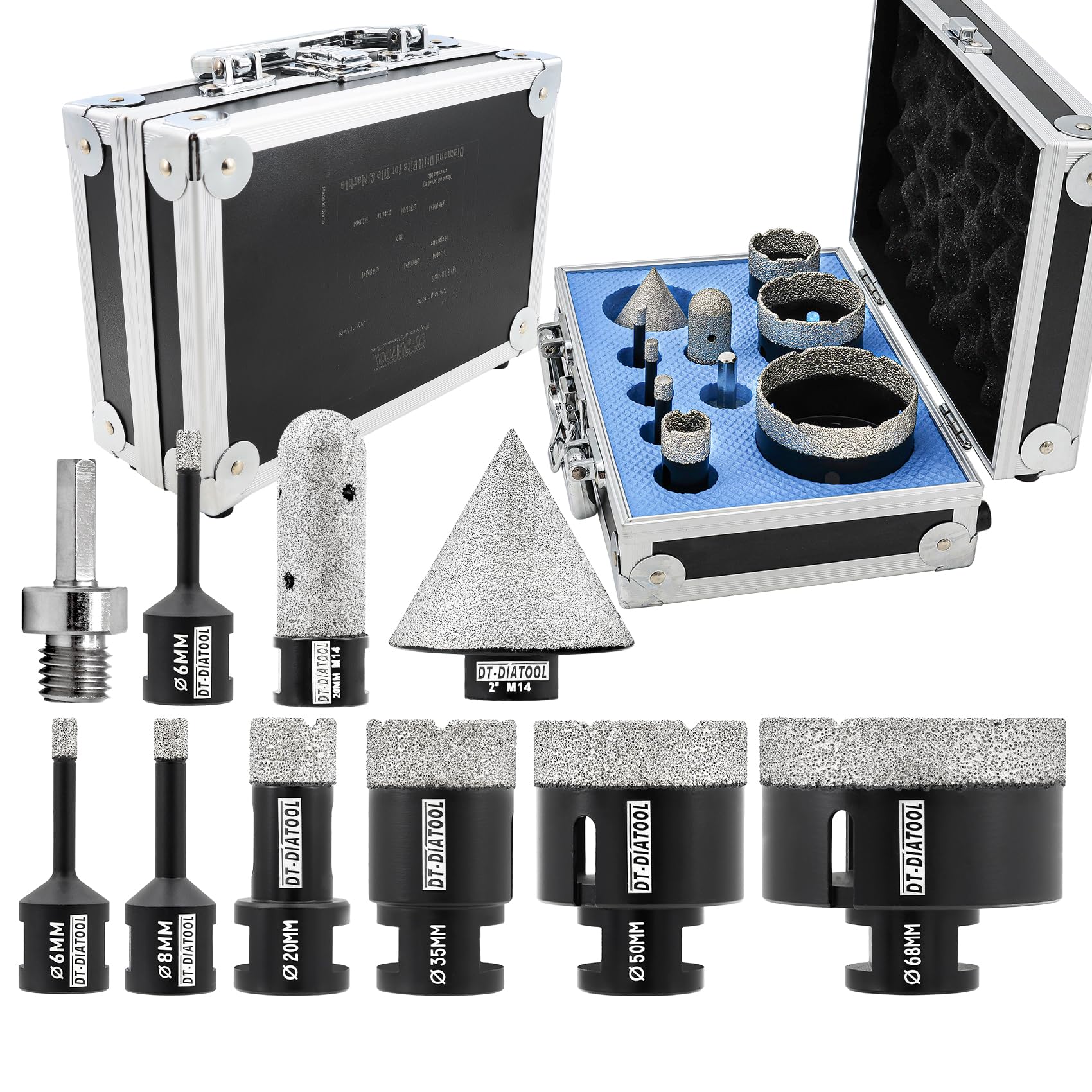 Diamond Core Drill Bits Set 10-Pack - DT-DIATOOL 6/6/8/20/35/50/68mm Tile Drill Bits+20mm Diamond Milling Bit+50mm Diamond Chamfer Bit+Hex Adapter for Porcelain Tile Ceramic Marble Granite