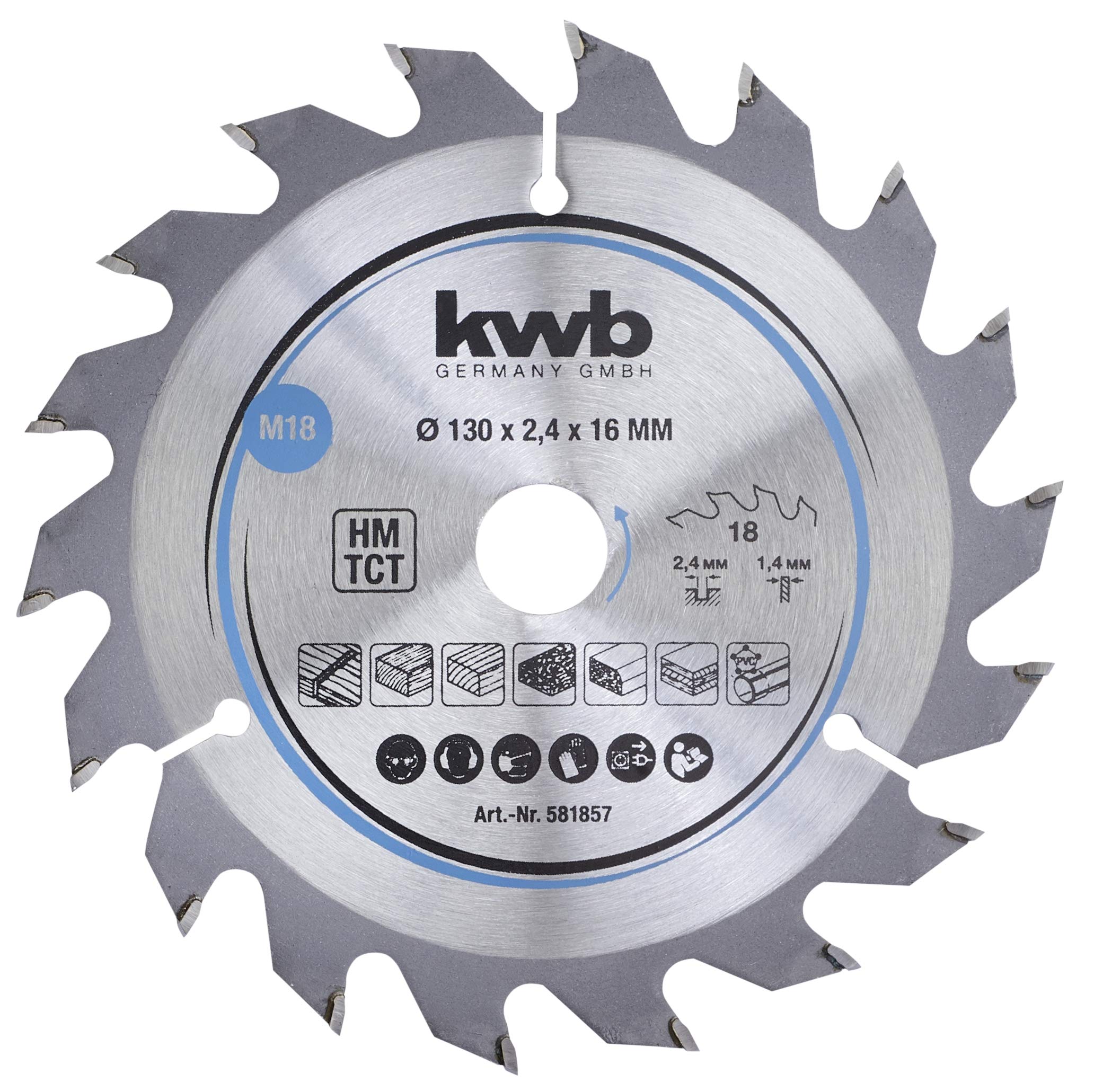 kwb 581857 Chipboard Circular Saw Blade, Wood/Hardwood, 130 x 16 mm, Clean cuts, Medium Number, 18 Teeth Z-18, CleanCut Saw Blade Medium, 130 x 16