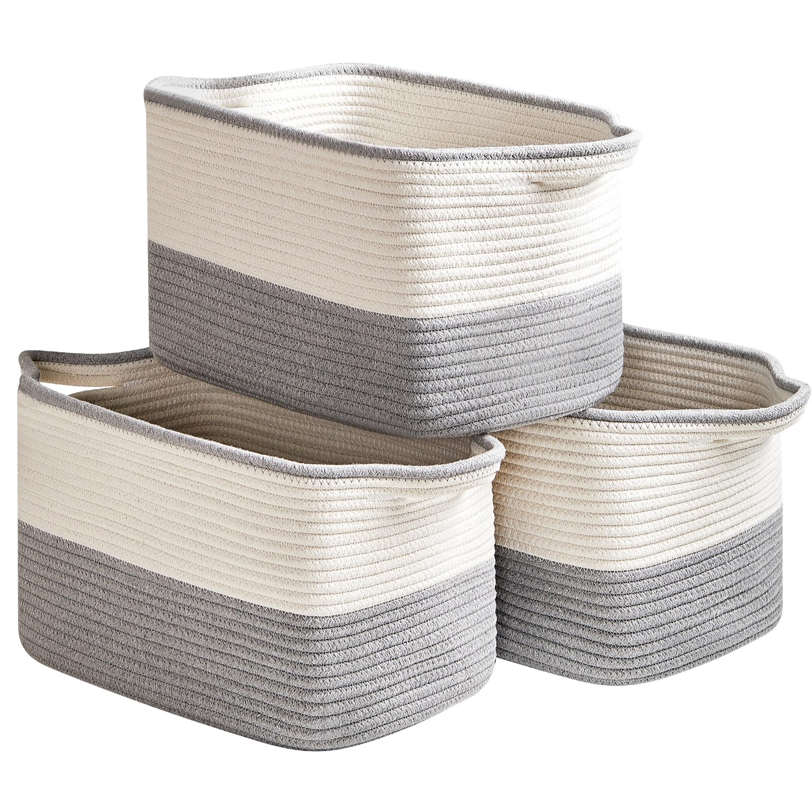 Photo 1 of R RUNKA Cotton Rope Storage Basket Set of 3 (15"x10.2"x9.1") - Rectangle Storage Bins - Versatile Toy Storage Organizer - Perfect for Kids, Dog Toys, Books, Shelves - White & Grey