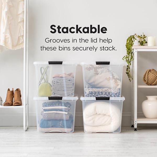 IRIS USA 72 QT STACKABLE PLASTIC STORAGE BINS WITH LIDS, 6 PACK – BPA-FREE, MADE IN USA – SEE-THROUGH ORGANIZING SOLUTION, LATCHES, DURABLE NESTABLE CONTAINERS, SECURE PULL HANDLE – CLEAR