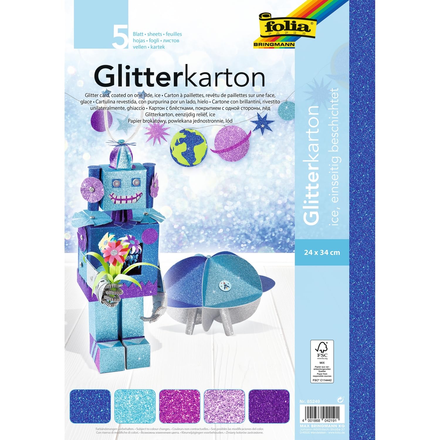 folia Ice 85249 Glitter Cardboard Assorted Colours, 24 x 34 cm, 5 Sheets, 300 g/m², for Elegant and Sparkling Crafts