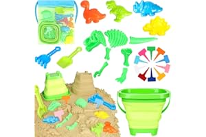 FUSPWEAO Beach Toys Sand Toys for Kids, Dinosaur Sand Toys with Collapsible Beach Bucket and Mesh Bag, Dinosaur Sand Molds, Shovel and Rake, Sandbox Toys for Toddlers, Travel Beach Toys for Kids 3-10