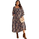 RWJ Women's Plus Size Fall Dress Long Sleeve Square Neck Floral Print Smocked A Line Boho Flowy Maxi Dresses with Pockets