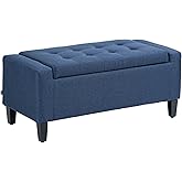 HOMCOM 36" Ottoman with Storage, Storage Ottoman Bench with Lift Top and Rubberwood Legs, Linen Upholstered Entryway Bench with Seating for Living Room, Bedroom, Holds up to 330 lb, Dark Blue