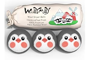Woolly Molly Wool Dryer Balls, XL Organic Reusable Laundry Balls, Premium New Zealand Wool, Lasts up to 1200 Loads, Saving Energy & Time (Penguin Pattern, 3 Inches)