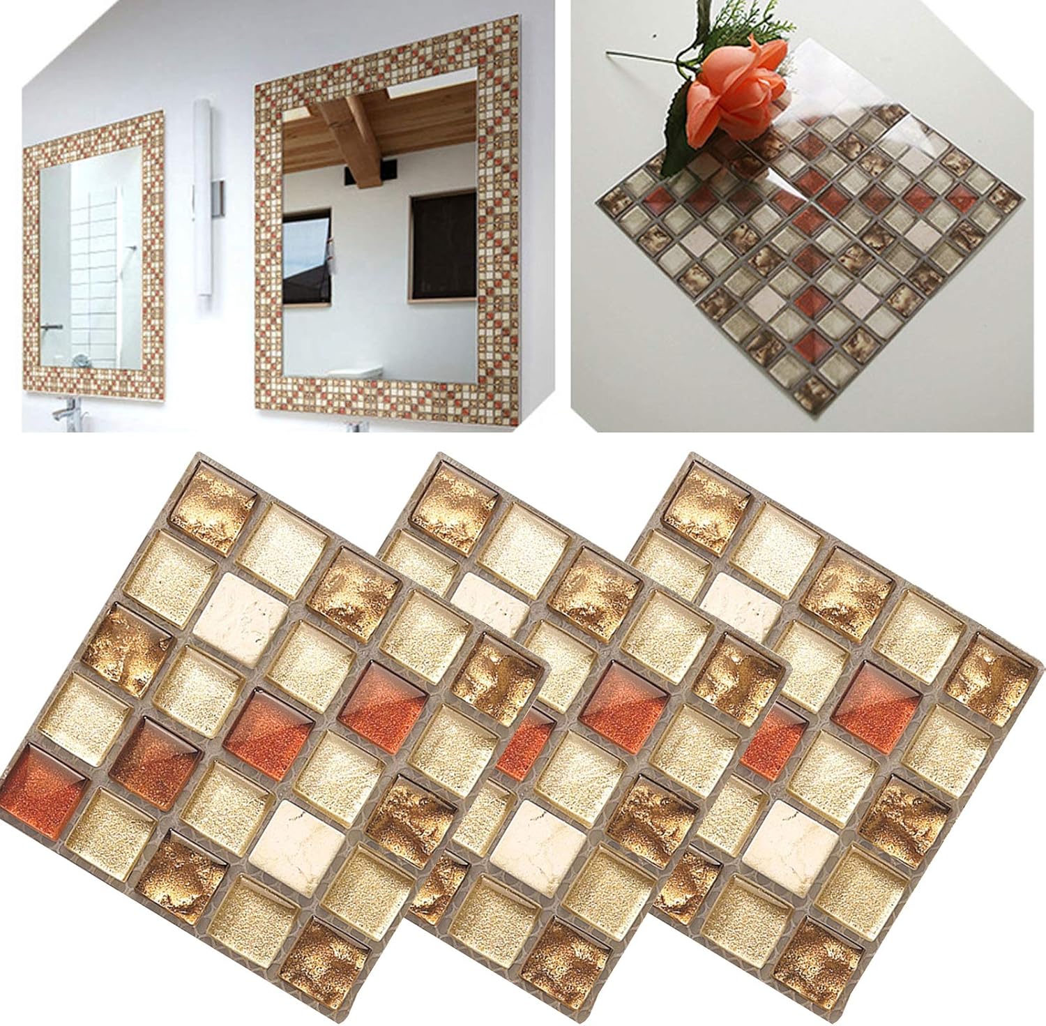 YSISLY 3 Pack Mosaic Wall Tile Stickers, 3D DIY Self Adhesive Waterproof Sticky Wallpaper, Kitchen Bathroom Tile Wall Art Decals Home Decoration 10 x 10 cm (005)