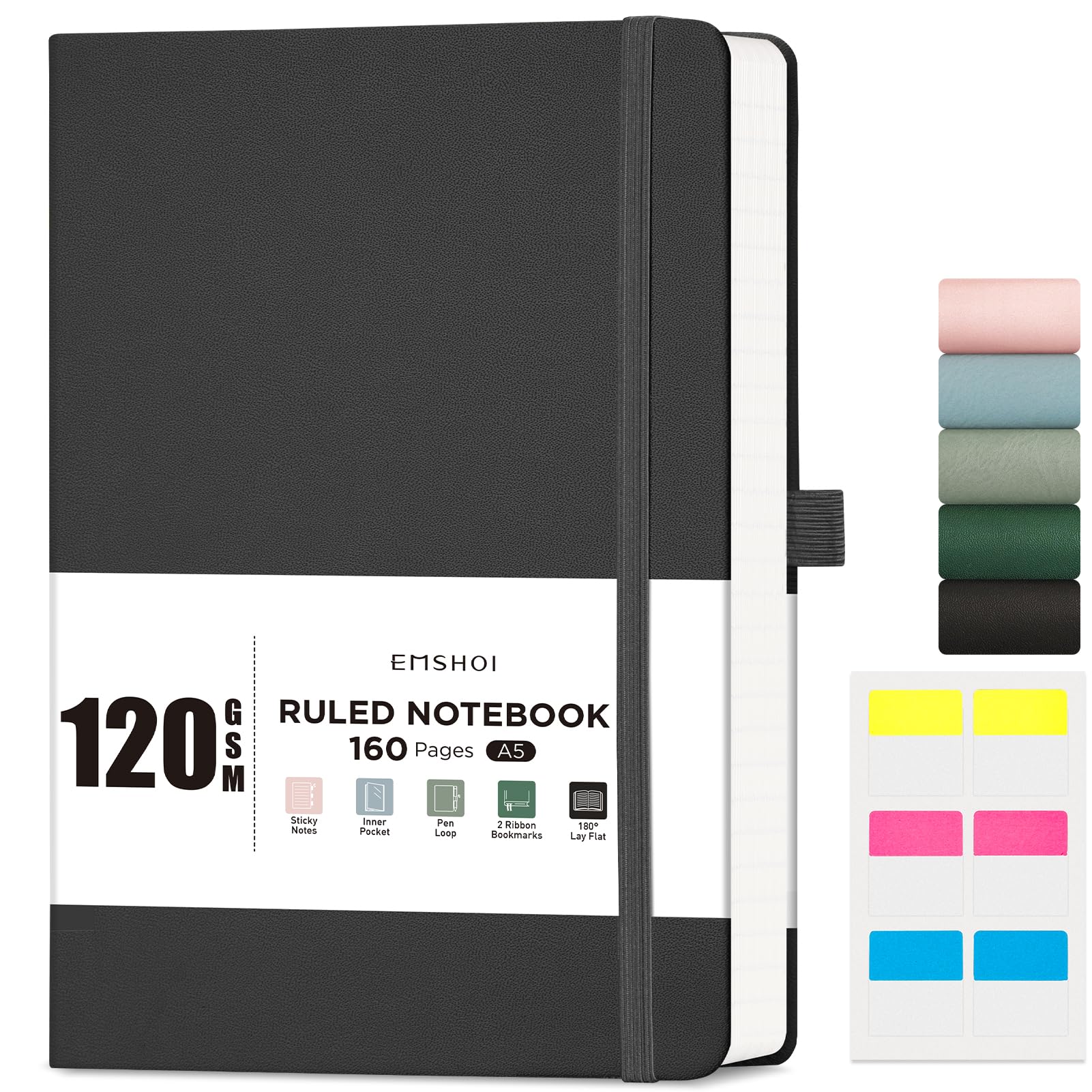 EMSHOI A5 Notebook Lined Journal - 120 GSM Paper Hardcover Notepad for Work, 160 Pages College Ruled Note Book, Leather Writing Journal for Women, Men, Work, School, 14.5 X 21 cm - Black