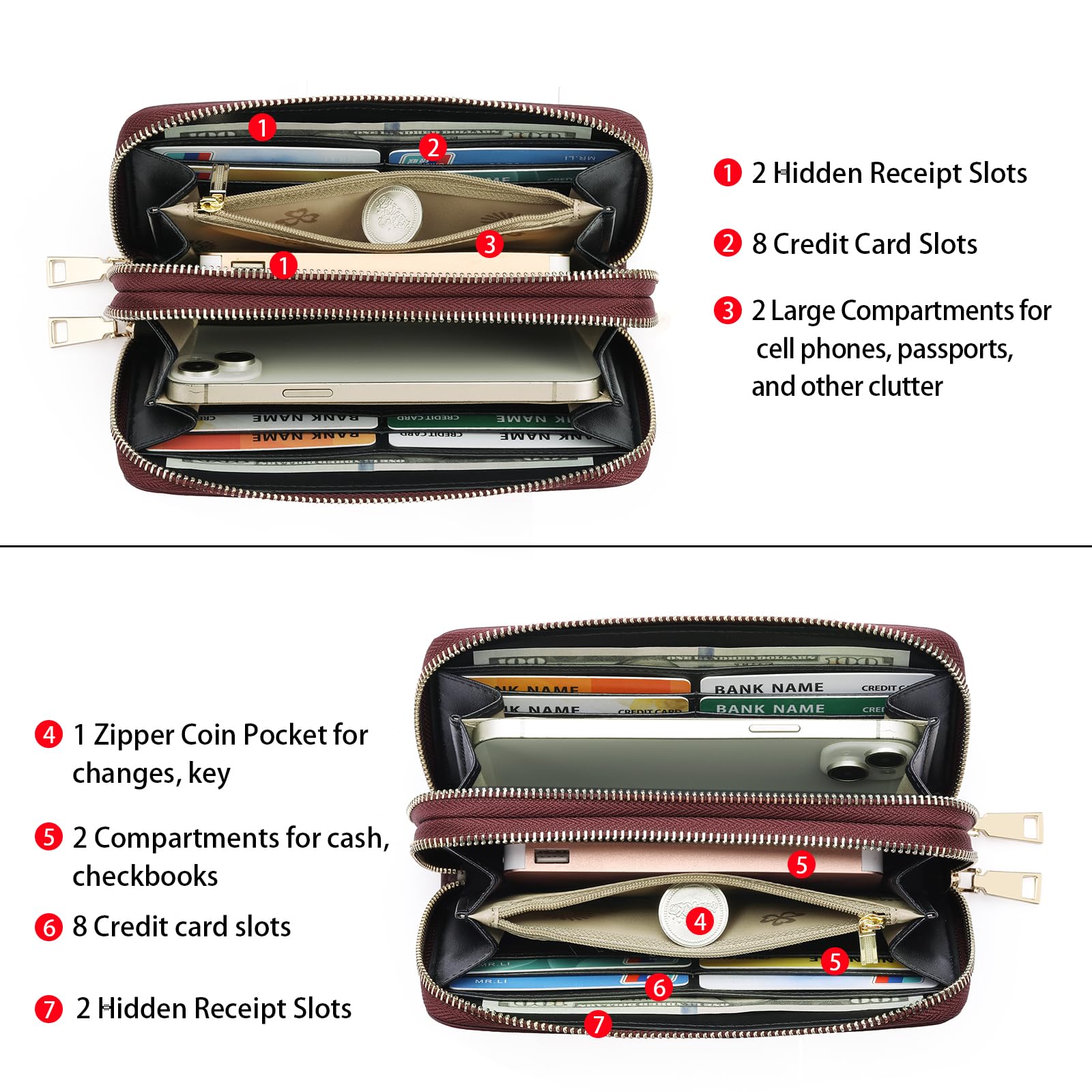 GOIACII Women's Wallet Large Capacity Double Zip Ladies Card Phone Holder RFID Blocking Wristlet Leather