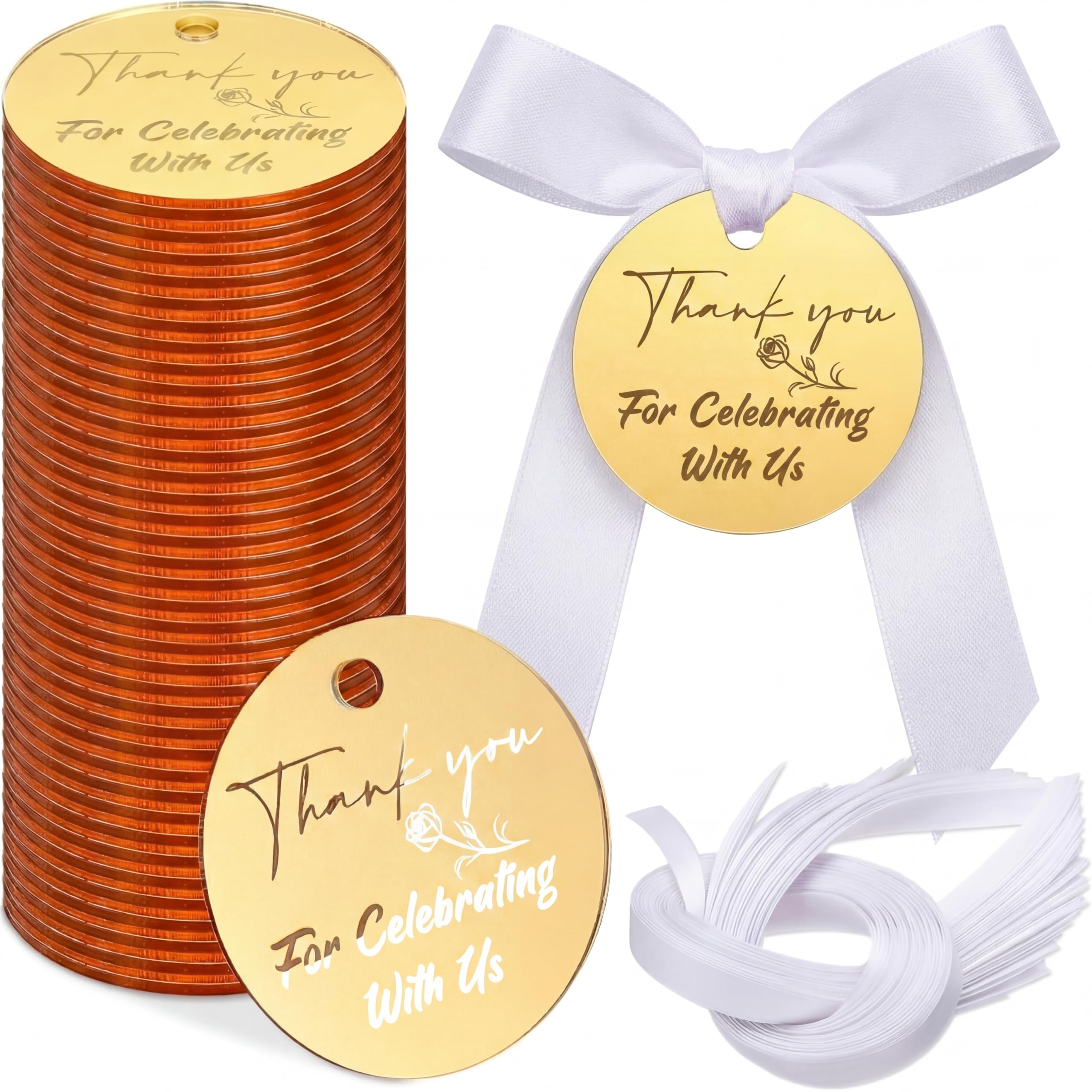 Photo 1 of 100 Set Gold Acrylic Thank You for Celebrating with Us Tags, with String Round Gold Mirrored Favors Labels, Thank You Gift Tags for Baby Shower Birthday Wedding Bridal Shower for Guests