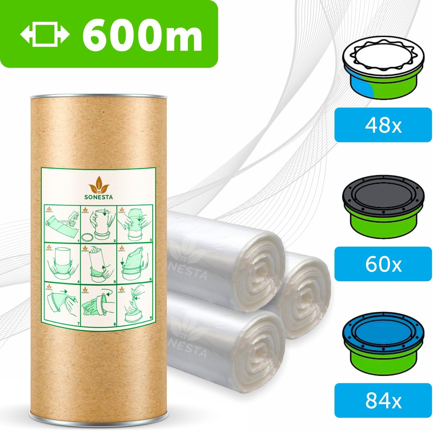 600m - ECO Liner Compatible with Tommee Tippee Sangenic | Angelcare | Litter Locker II | Equivalent to 48 Sangenic"fits All tubs" + Cardboard roll for Easy refilling and Storage