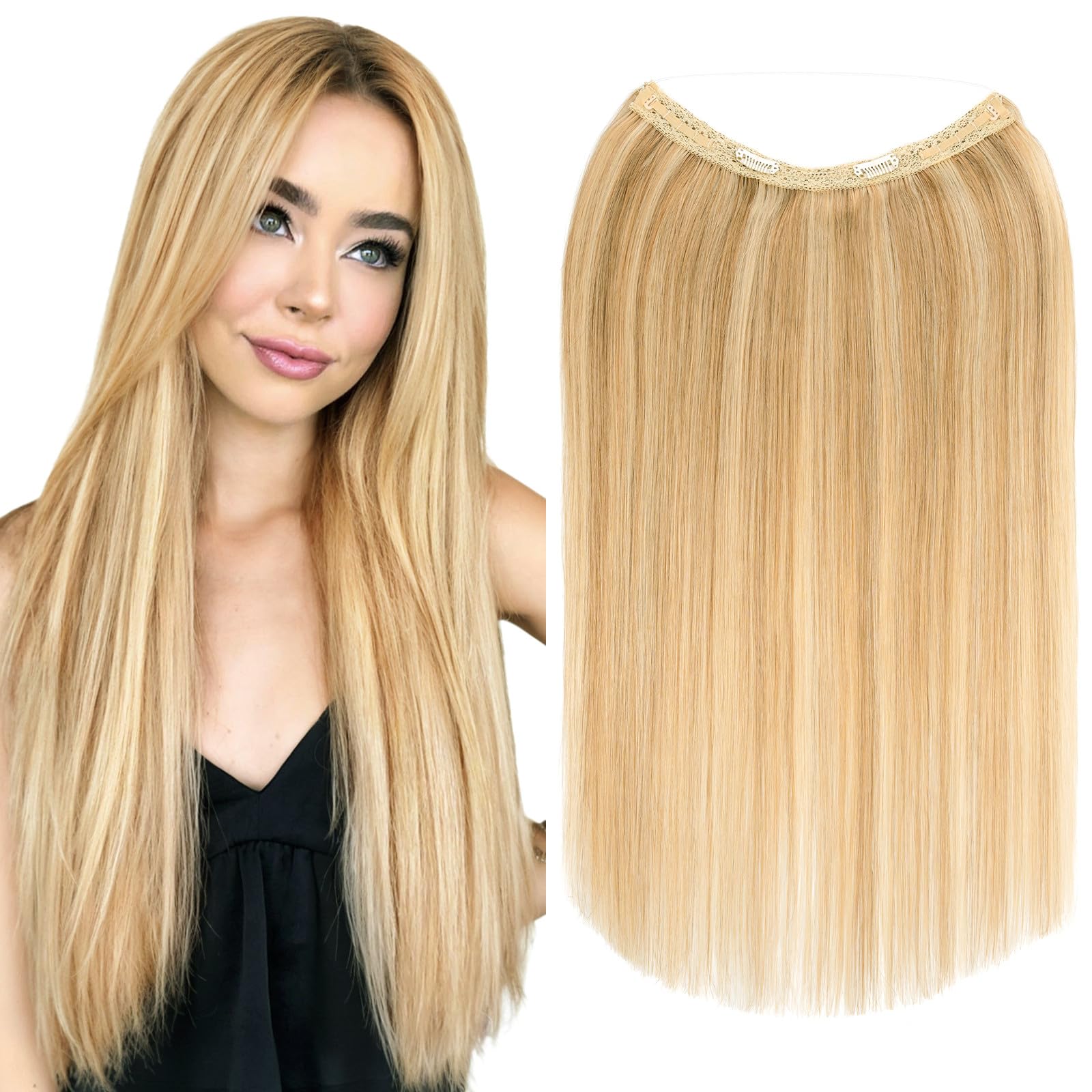 Photo 1 of Elailite Halo Hair Extensions Real Human Hair for Women Golden Brown & Bleach Blonde Clip in Remy Hairpiece with Adjustable Invisible Wire 20 Inch 70G