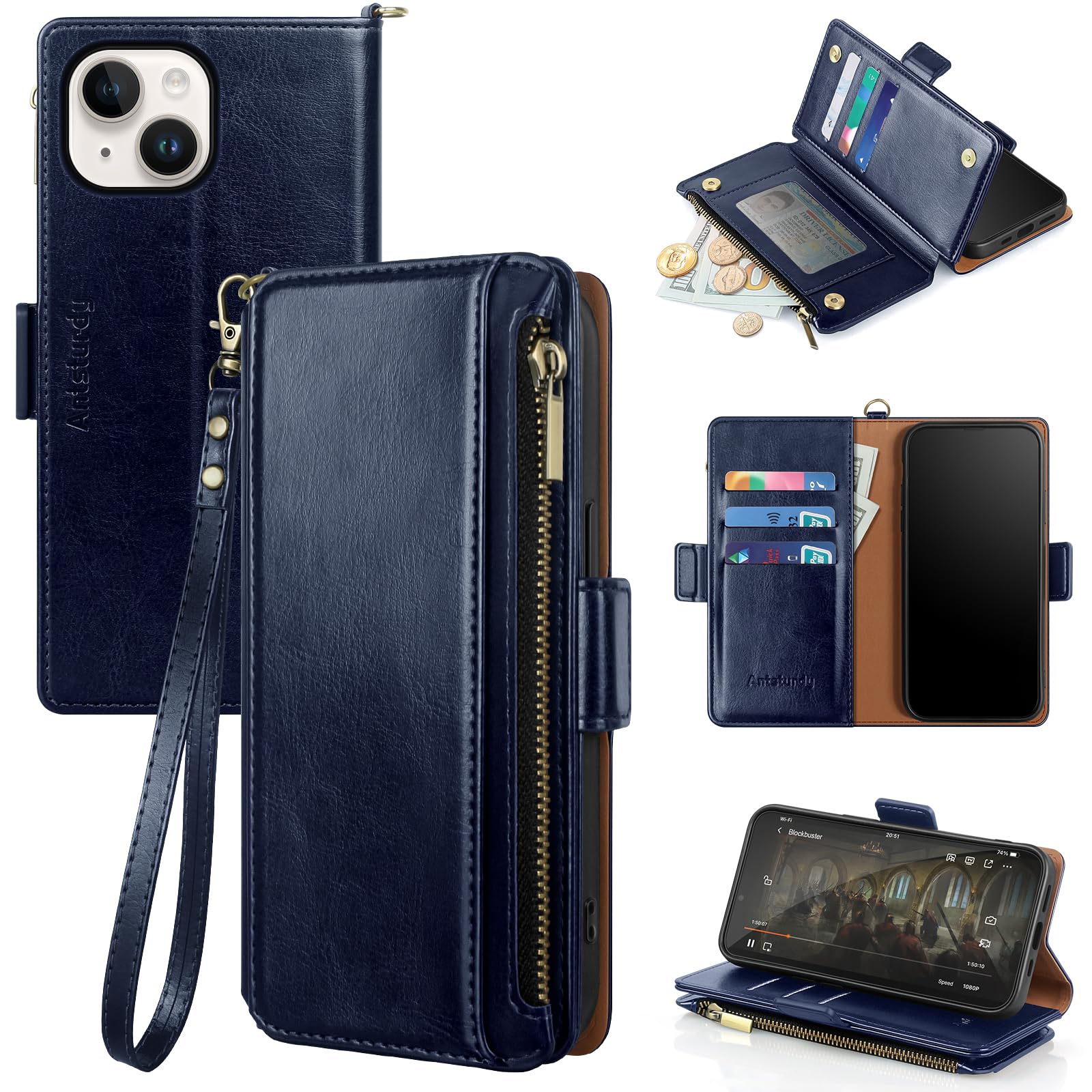 Photo 1 of Antsturdy Compatible with iPhone 15 Wallet Case Card Holder?RFID Blocking? PU Leather Phone Case Women Men flip Protective Cover Wrist Strap Zipper Credit Card Slots,for Apple 15 6.1",Dark Blue