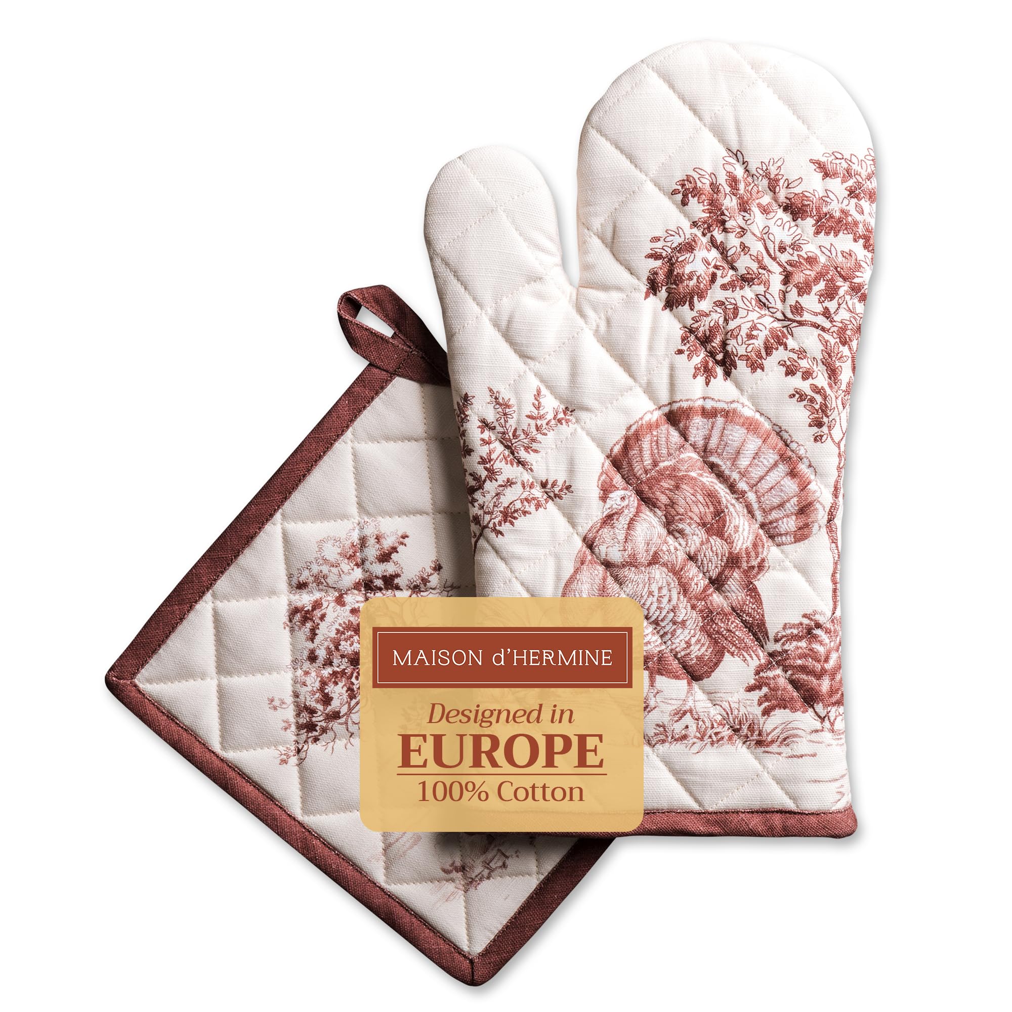 Maison d' Hermine 100% Cotton Oven Mitt & Pot Holder Set (19 x 33 cm & 20 x 20 cm) Heat Resistant BBQ Cooking Gloves with Loop for Christmas Decorations Baking Handling Hot Pans (Holy Jouy - Brown) โ image 1