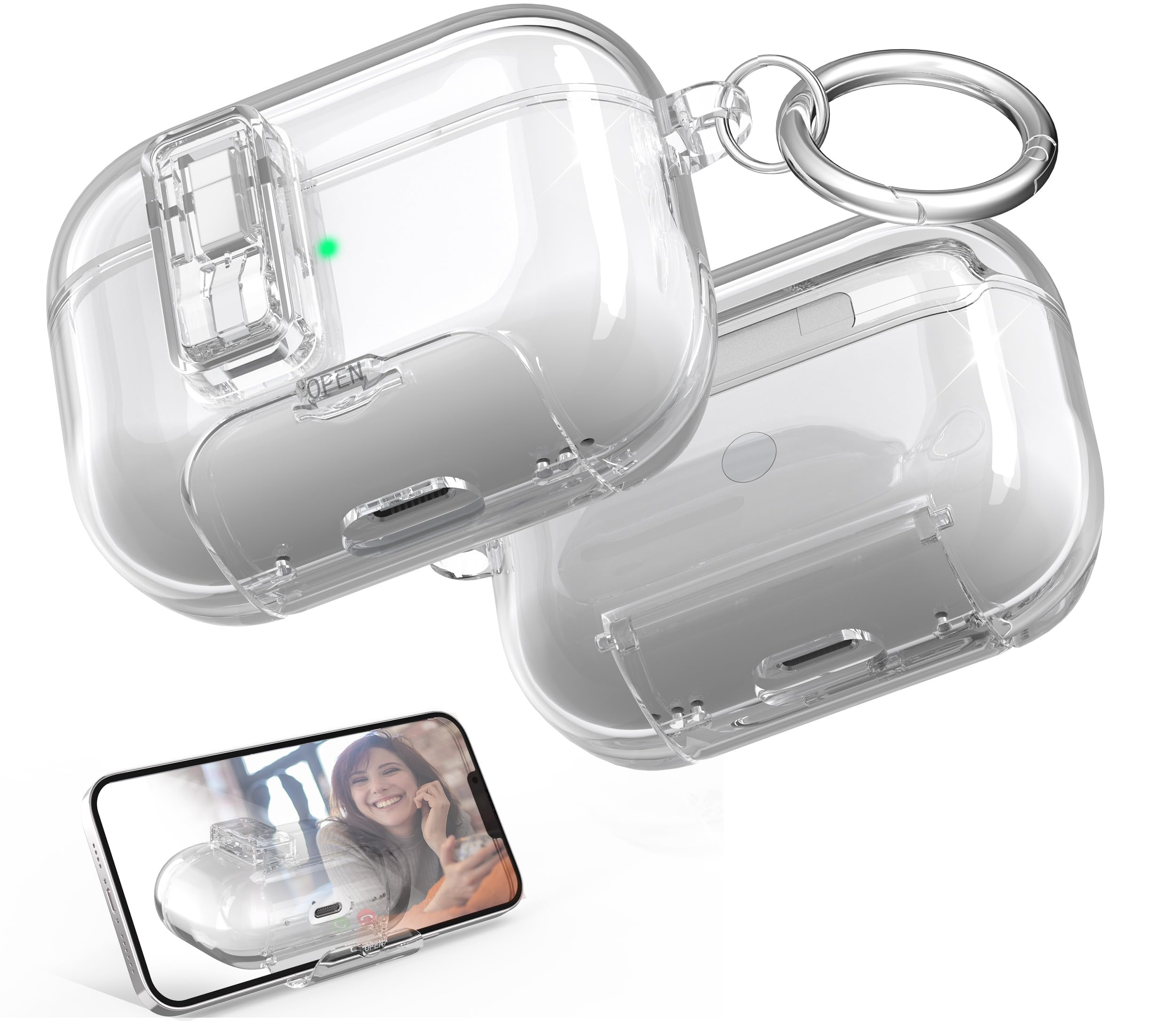 Photo 1 of R-fun for AirPods Pro 2nd/1st Generation Case Clear with Lock Clid and Cleaner Kit,[Auto Pop-Up] Soft TPU Clear Cover with Bracket & Dustproof Design for AirPods Pro Case with Keyring