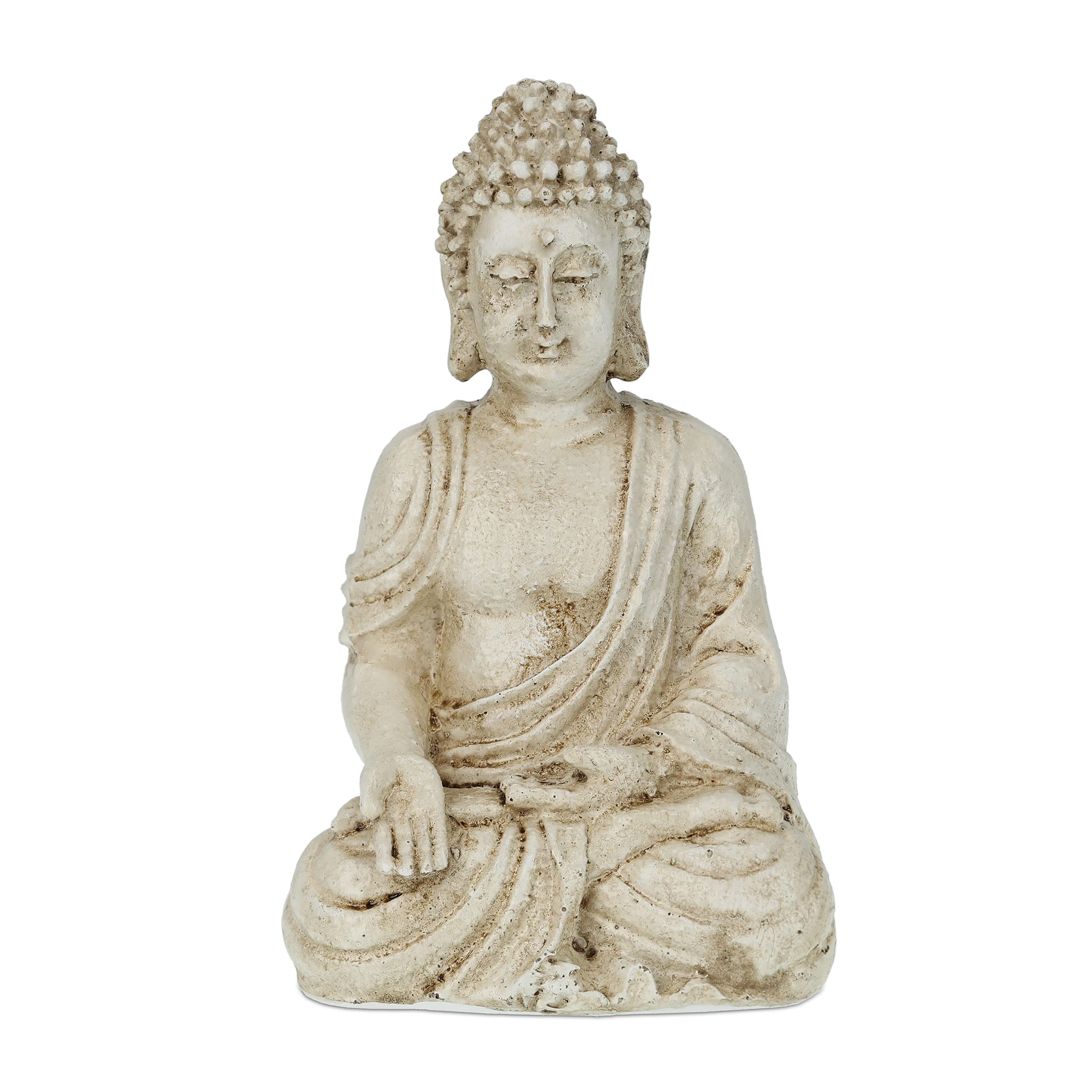 Relaxdays Buddha Statue, 17.5 cm Height, Garden Decoration, Weather and Frost Resistant, Living Room Deco, Cream White
