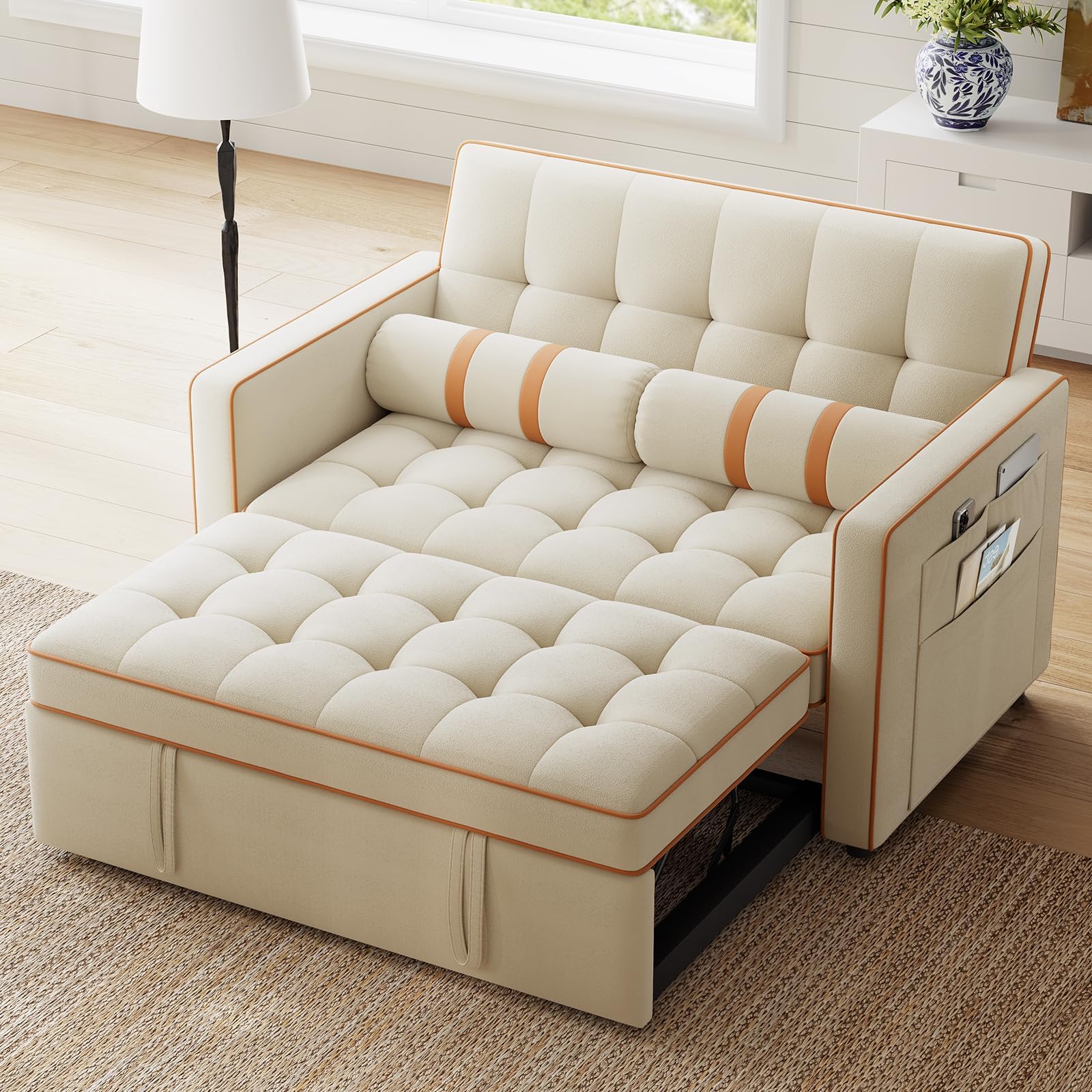 Photo 1 of ***BOX #1 -PARTS ONLY SELLING AS IS*** Marsail Sofa Bed, 3-in-1 Convertible Sleeper Sofa, Futon Couch with USB Charging, Side Pockets & Adjustable Backrest, Pull Out Couch for Living Room, Apartment, Loveseat, Velvet Fabric, Beige
