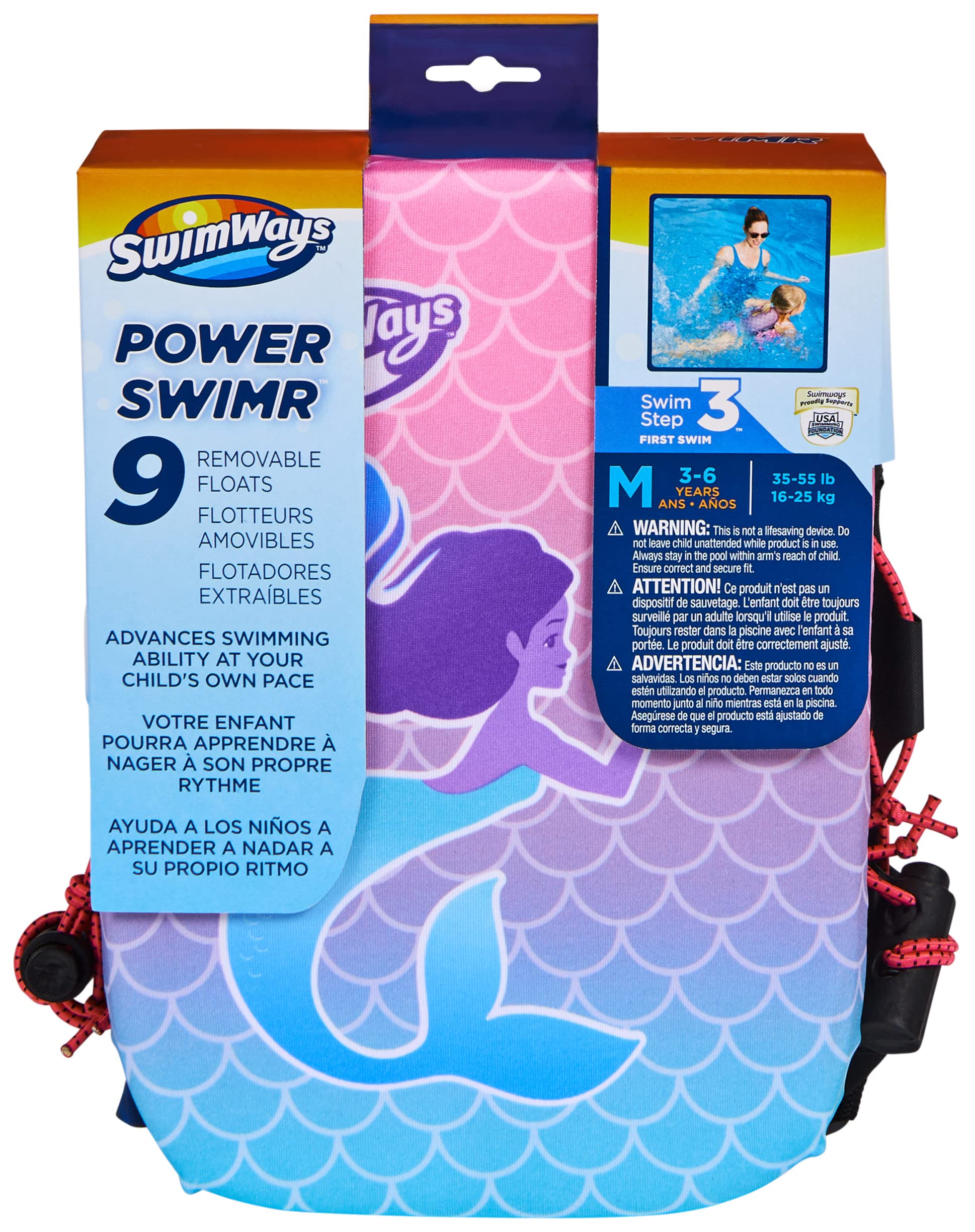 SwimWays Power Swimr Outdoor Pool Swim Vest for Kids, Adjustable Kid Pool Float for Swim Training, Medium Pink Mermaid
