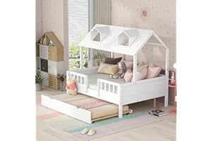 MERITLINE Full House Bed with Trundle, Wooden Platform Bed Frame with Roof, for Kids Teens Girls Boys - White