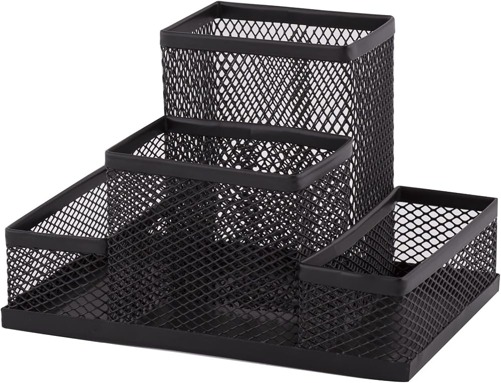 D.RECT Mesh Desk Organiser 4-Compartment Pen Memo Holder Black 103x154x103mm