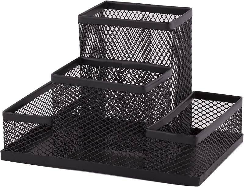 D.RECT Mesh Desk Organiser 4-Compartment Pen Memo Holder Black 103x154x103mm