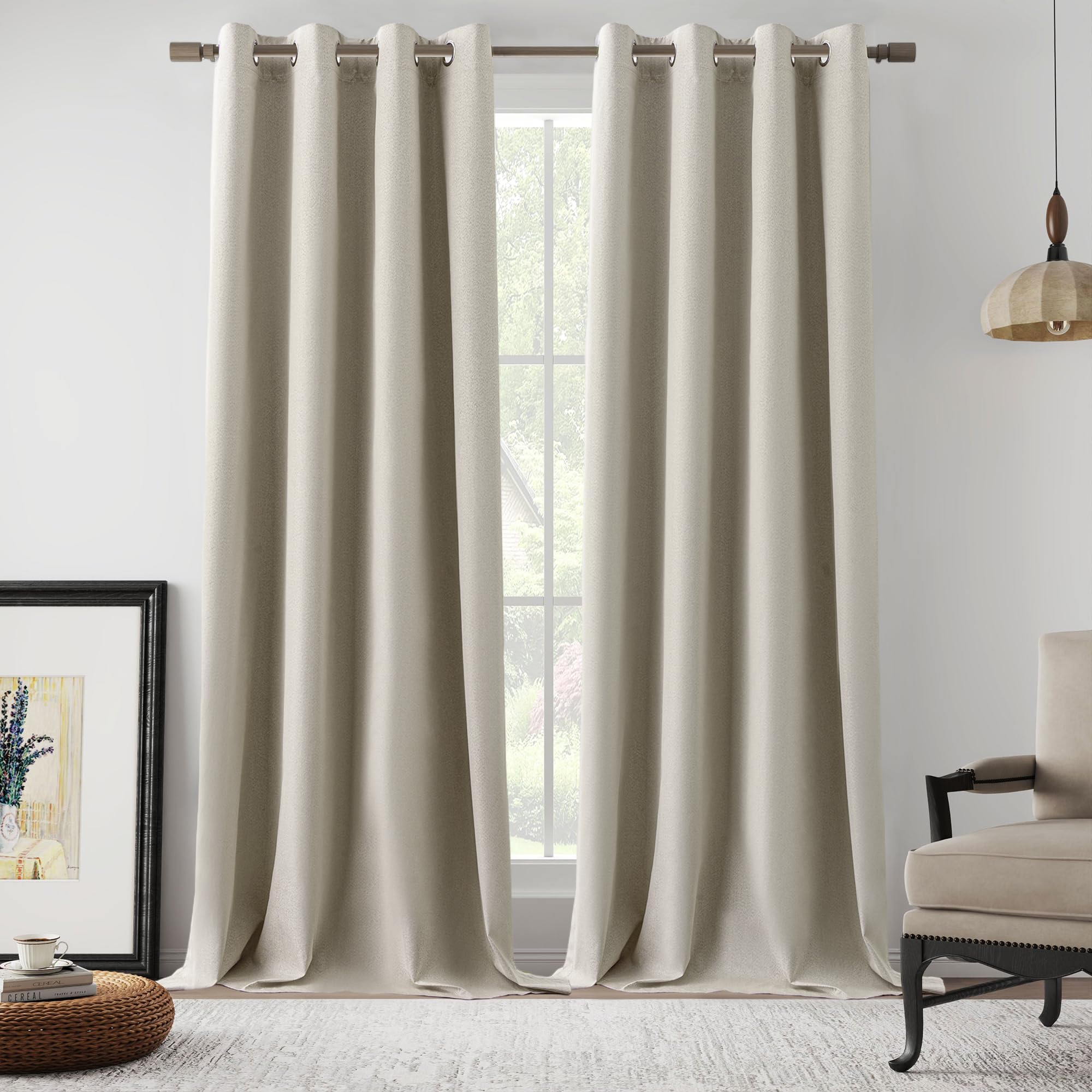 Photo 1 of 100% Blackout Extra Long 144 Inch Curtains Linen Look 12ft Length, Room Darkening Noise Reducing Living Room High Ceiling 2 Story Tall Curtains for Bedroom, Natural, W52 x L144, 2 Panels