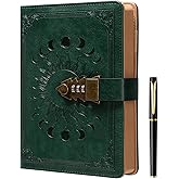 ZXHQ Lock Journal with Pen, A5 240 Pages Diary with Lock, Brown Edge, Refillable, Leather Hardcover (8.5 × 5.9inch) Dark Green