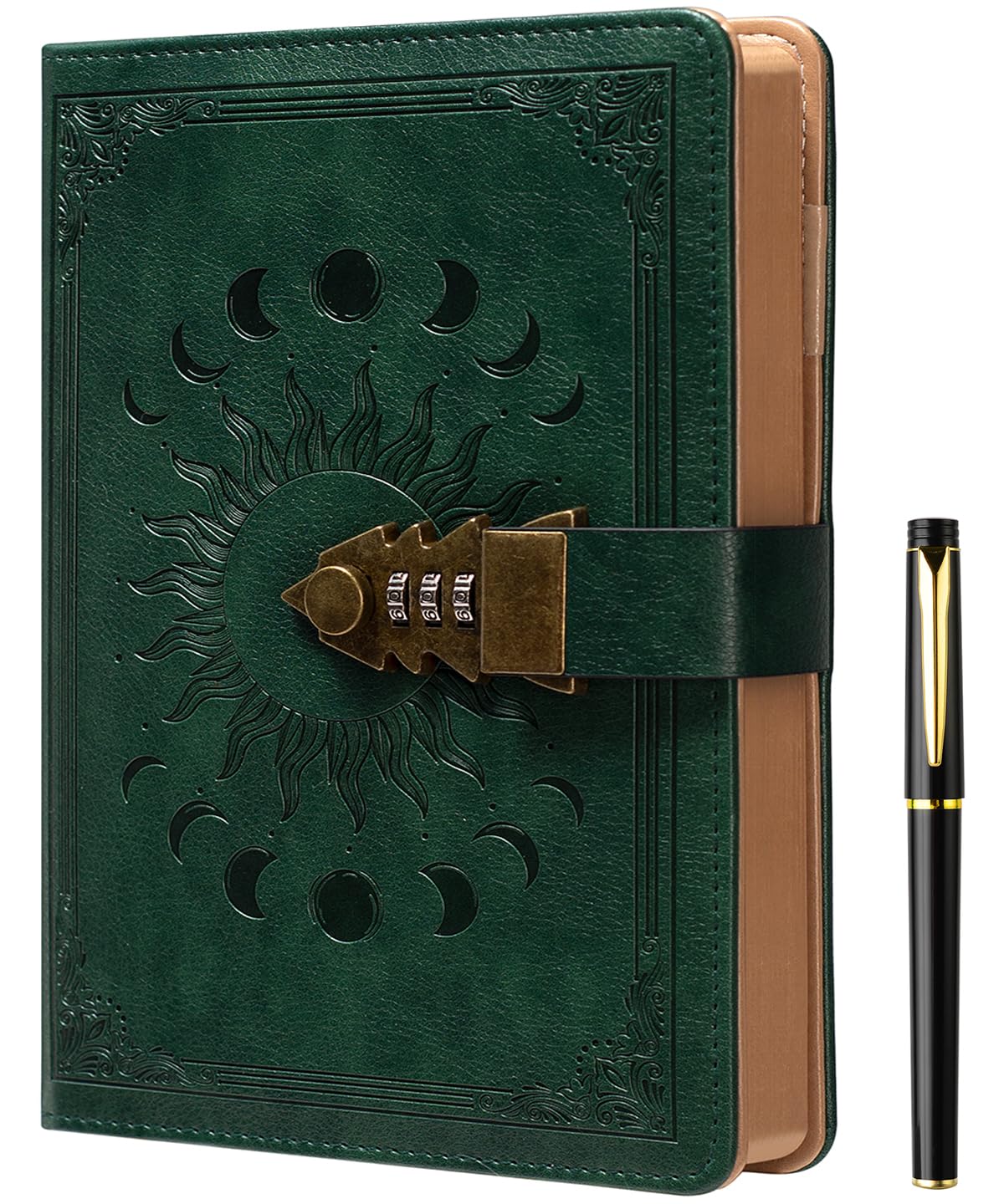 Lock Diary with Pen, A5 Ruled 240 Pages PU Leather Journal with Lock, Refillable Hardcover journals for Writing Personal Planner Organizer for Men and Women, Size A5(8.5 × 5.9 Inch) Blackish Green — image 1
