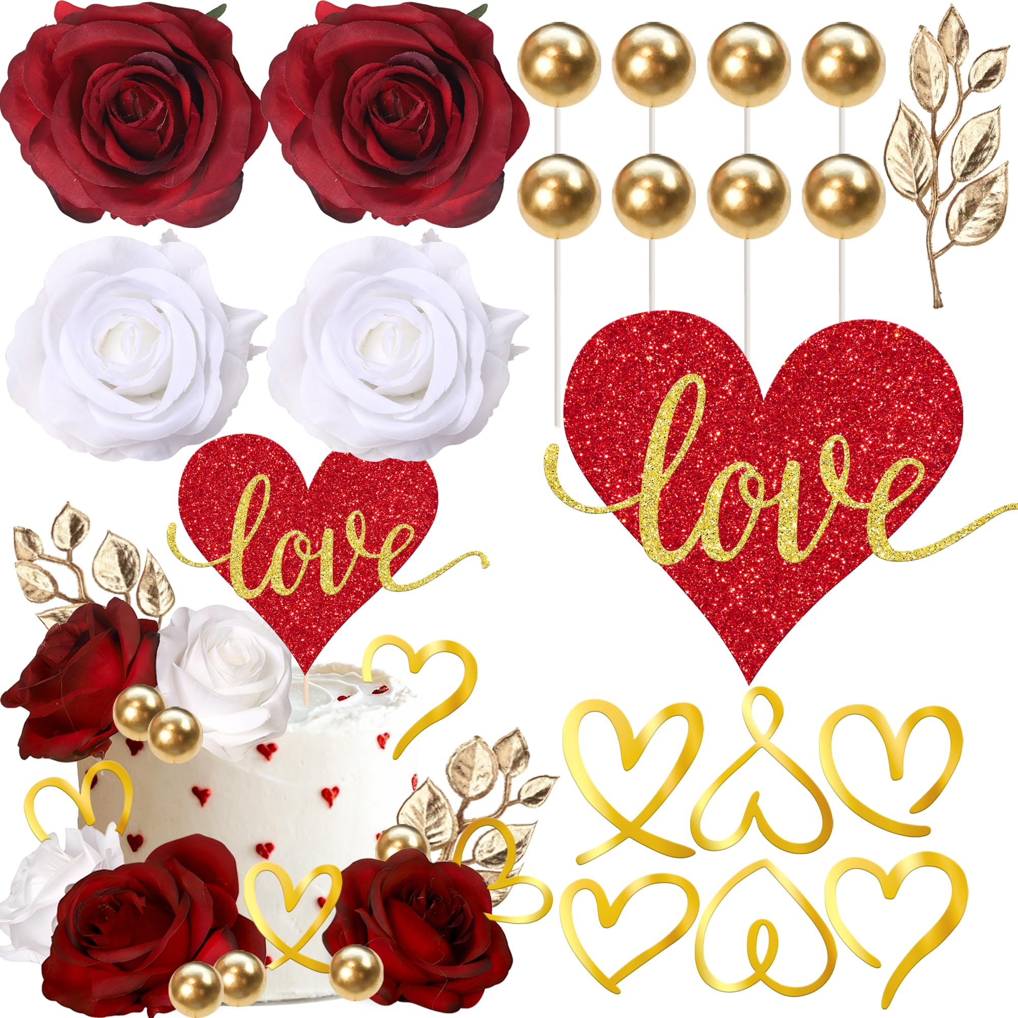 Xsstarmi Happy Valentine's Day Cake Decorations with Artificial Rose Flowers Balloon Love Heart Cake Pick for Wedding Engagement Anniversary Valentine's Day Party DIY Cake Decorations Supplies