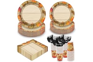 EggSun Fall Thanksgiving Birthday Party Plates and Napkins Decorations Kit, Wooden Grain Maple Leaf Tableware Supplies for Birthday Leaves Favors Party Decor Service 24 Guests