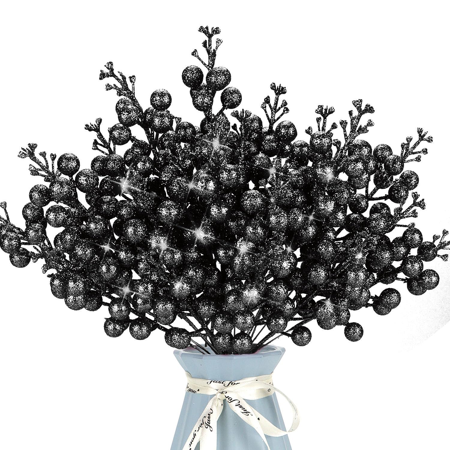 Kunjocy 12 Pcs Christmas Artificial Glitter Berries Stems Christmas Tree Stems with Powder Sequins Xmas Berry Picks Floral Decoration Craft for DIY Xmas Crafts Wreath Garland Home Decor (Black)
