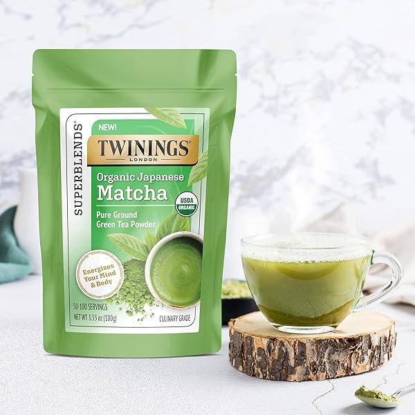TWININGS ORGANIC JAPANESE MATCHA, PURE GROUND GREEN TEA POWDER CULINARY GRADE, 3.53 OUNCE/100G BAG, ENJOY HOT OR ICED