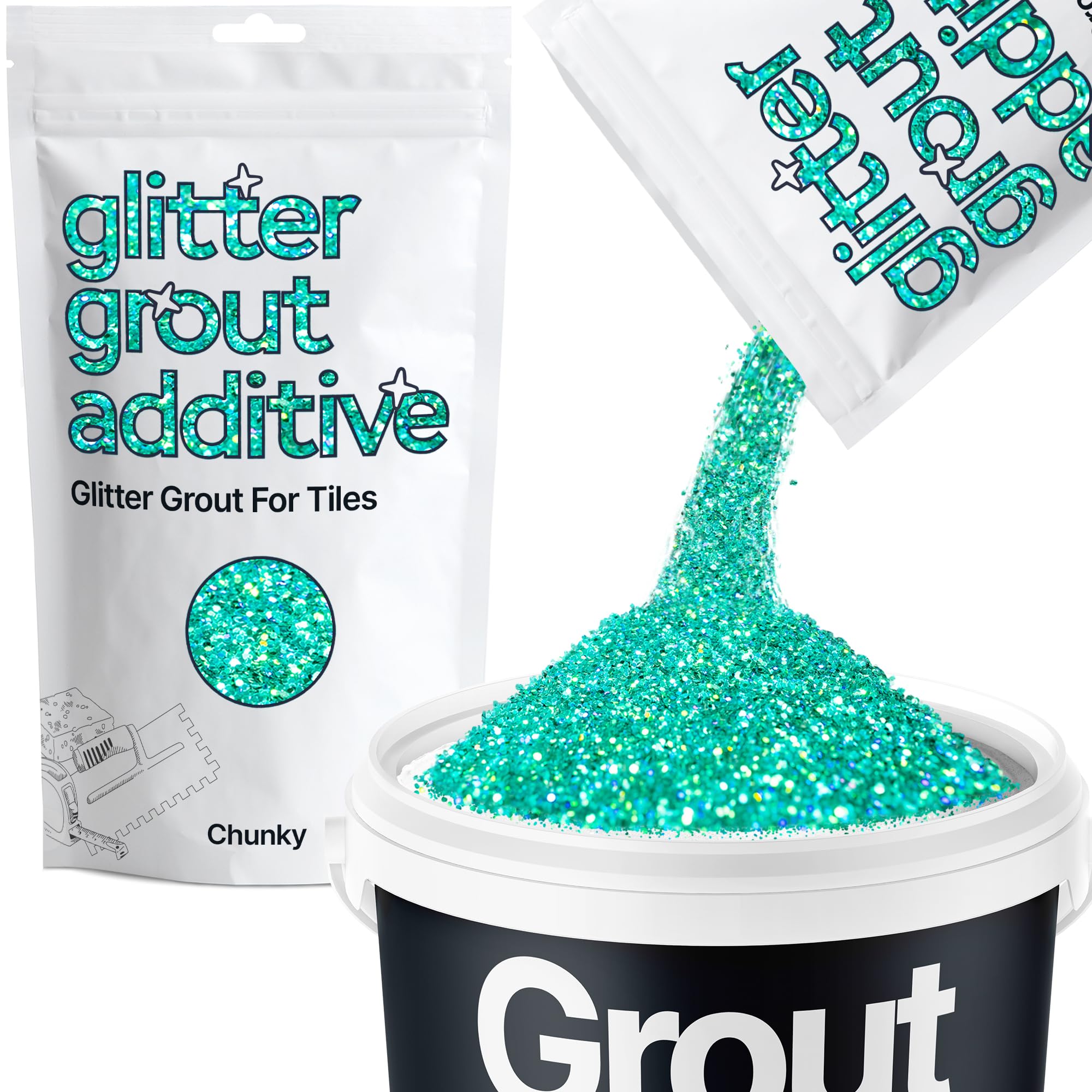 Hemway Turquoise Blue Holographic Glitter Grout Additive Chunky 100g Flakes for Adding Sparkle to Kitchen & Bathroom Tiles | Enhance Your Indoor Grouting Projects with a Durable Sparkly Effect