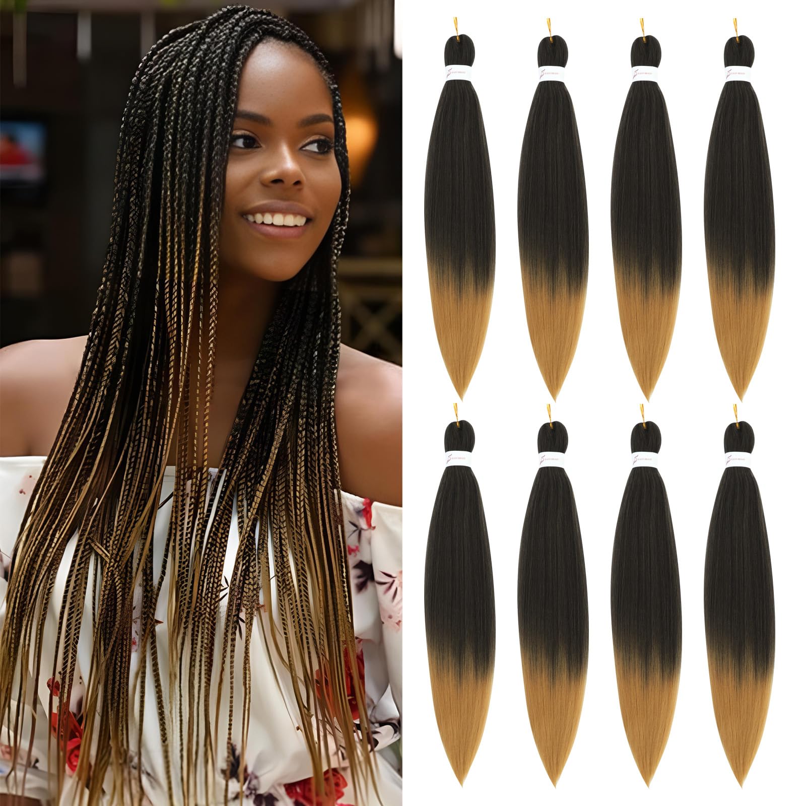 Easy Braid Pre stretched Braiding Hair Extensions - 26 Inch 8Packs Ombre Braiding Hair Soft Yaki Texture Crochet Synthetic Hair for Woman Hot Water Setting Crochet Braiding Hair Extensions (1B/27#) — image 1