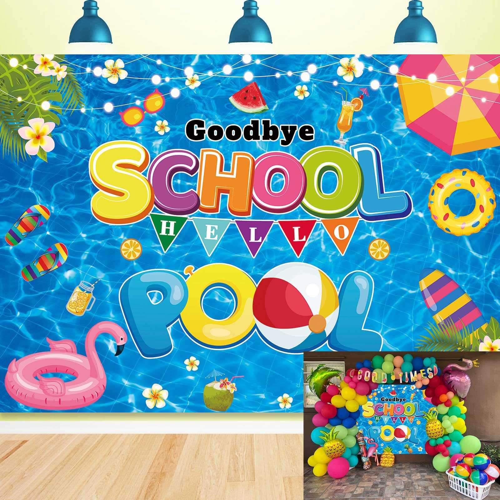 School's Out for The Summer Backdrop Goodbye School Hello Pool Backdrop Summer End of School Year Background for Kids Class Summer Vacation Graduation Party Decorations (210x150cm)