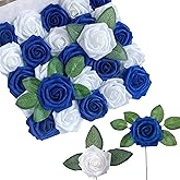 YalzoneMet Artificial Flowers 25 pcs Fake Navy Blue White Roses for DIY Wedding Bouquets Bride Cake Flower Decor Baby Shower Centerpieces Floral Arrangements Party Home Table Decorations