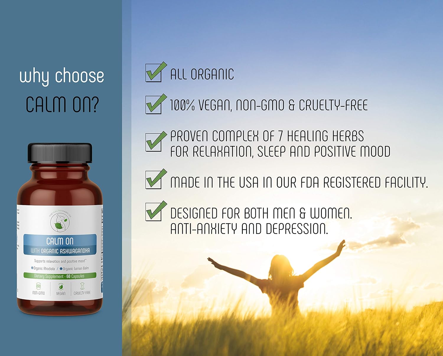 Calm On, Natural Anti Anxiety Calming PlantBased Supplement with 7 Powerful Herbs, Relieve