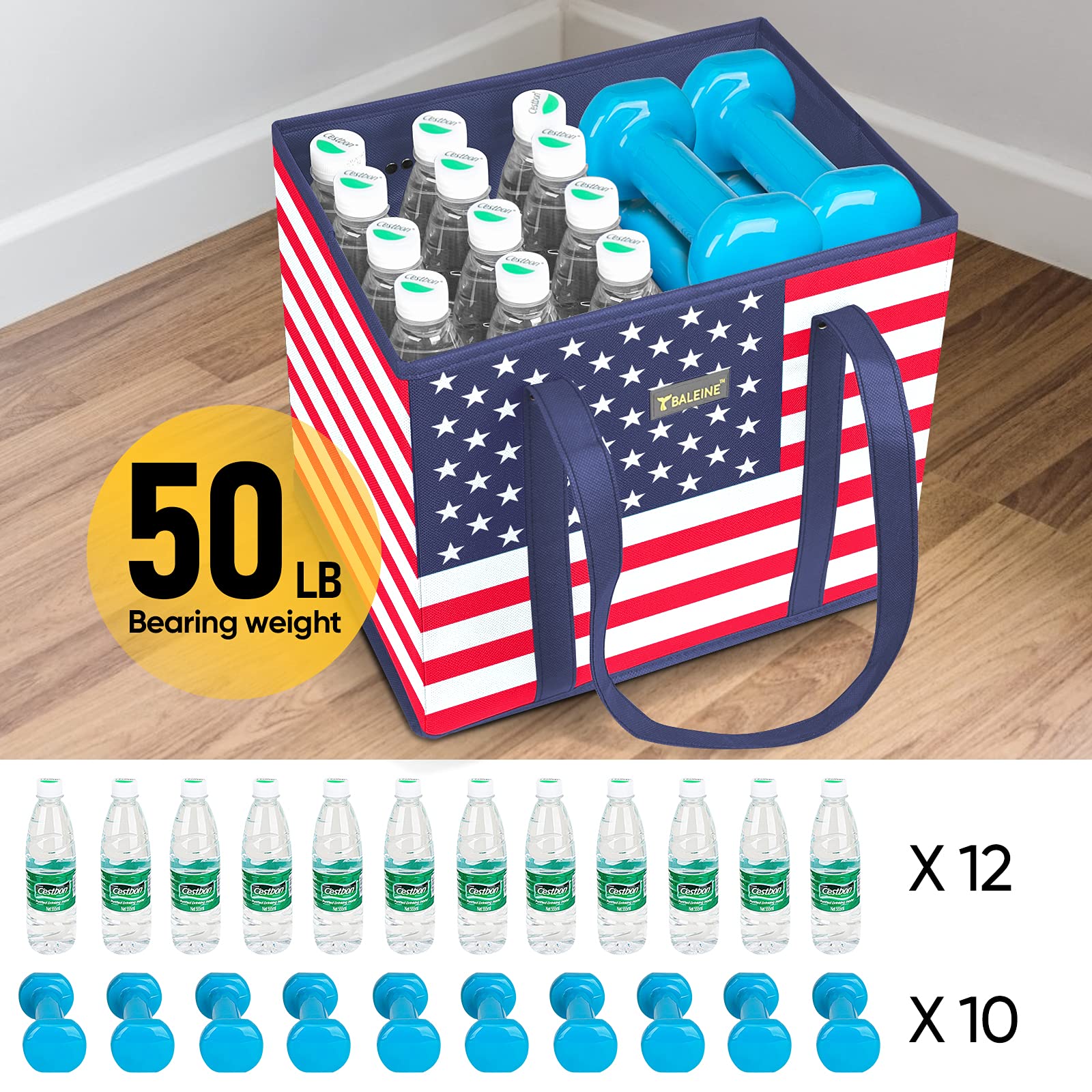 BALEINE 3Pk Reusable Grocery Bags, Foldable Shopping Bags for Groceries with Reinforced Bottom & Handles (Patriot Celebration)