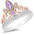 Jewelili Enchanted Disney Fine Jewelry 14K Rose Gold over Sterling Silver with 1/10 Cttw Rose-de-France Rapunzel Tiara Ring