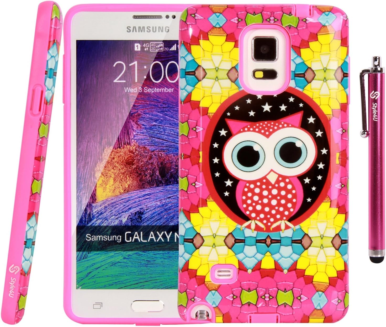 Note 4 Case, Style4U Galaxy Note 4 Cute Owl Design Slim Fit Hybrid Armor Case for Samsung Galaxy Note 4 with 1 Stylus and 1 HD Clear Screen Protector [Owl Hot Pink]