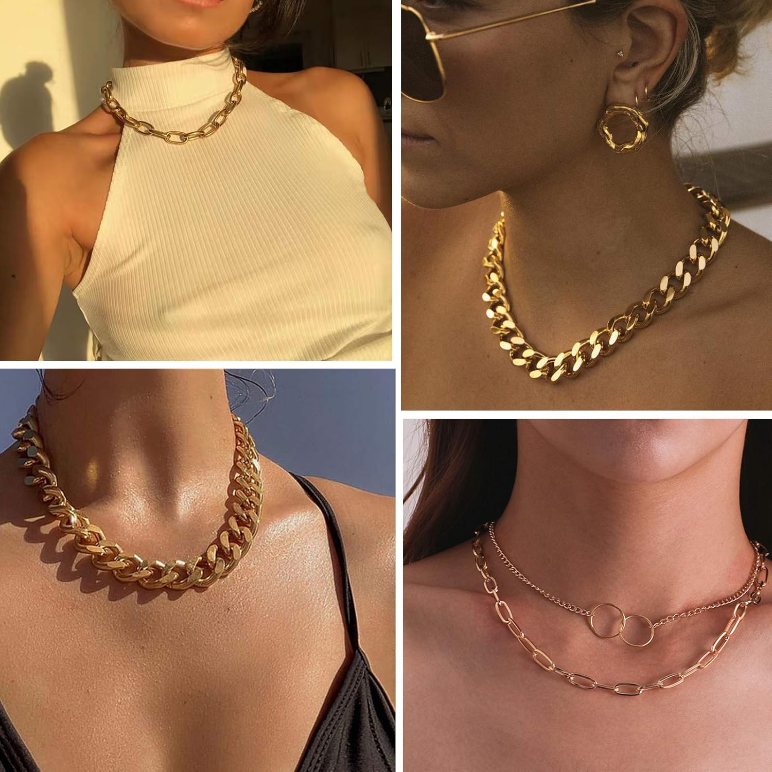 4PCS Gold Layered Chain Necklace set for Women Girls Boho Choker with Lock Coin Pendant Dainty Initial Necklaces Chunky Curb Link Paperclip Jewelry for Gift: Clothing