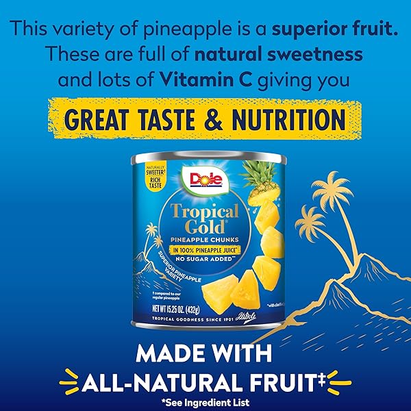 DOLE CANNED FRUIT, TROPICAL GOLD PINEAPPLE CHUNKS IN 100% PINEAPPLE JUICE, GLUTEN FREE, PANTRY STAPLES, NO SUGAR ADDED, 15.25 OZ