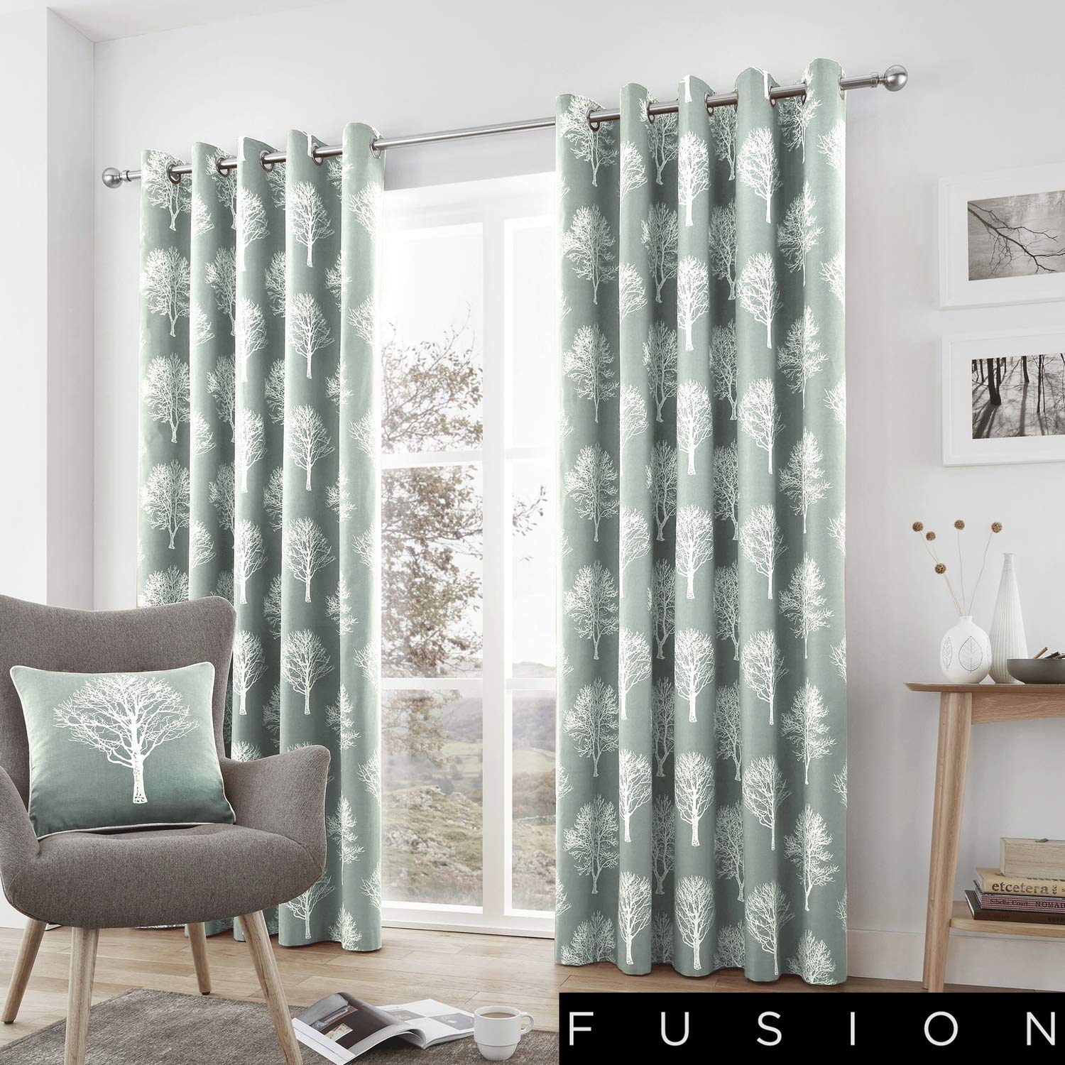 Fusion Woodland Trees Pair Of Eyelet Curtains Wood Duck Egg 66
