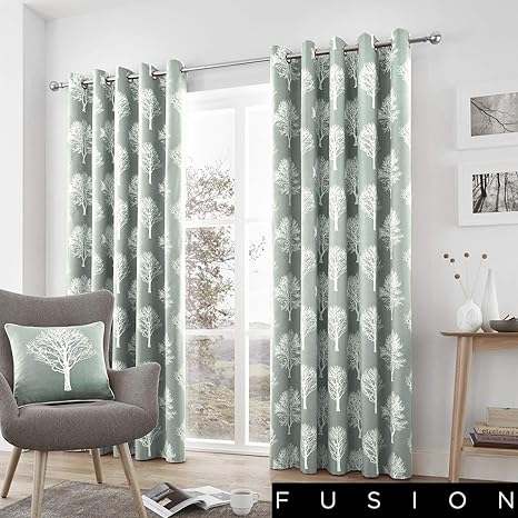 Fusion Woodland Trees Pair Of Eyelet Curtains Wood Duck Egg 66