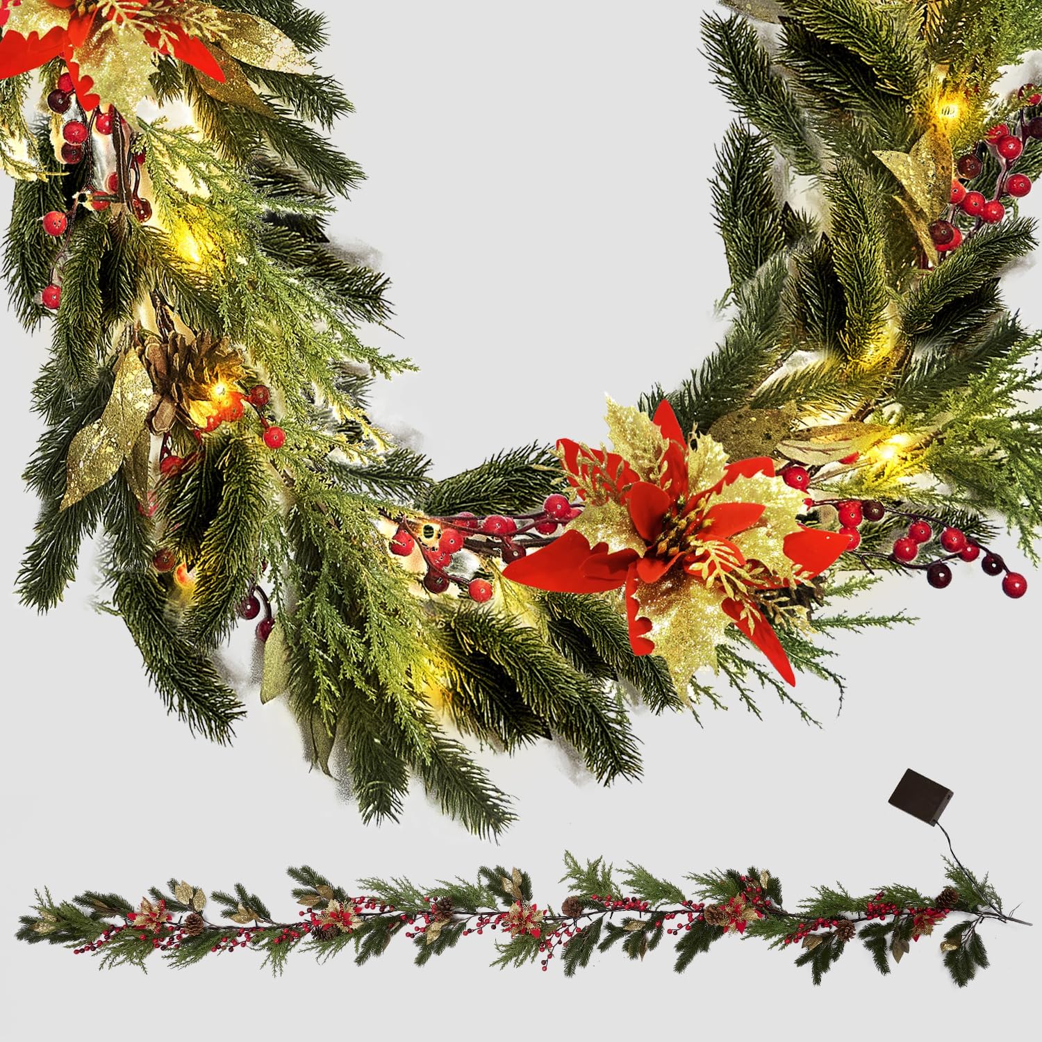 Wreaths, Garlands & Swags - Christmas Garland Decoration with Lights - 9FT 70 LEDs Lighted Christmas Garland with Pine Cones, Berry Clusters, Safflower, Pine Branches, Leaves, Mixed Decors for Mantel Fireplace Stairs Door Window