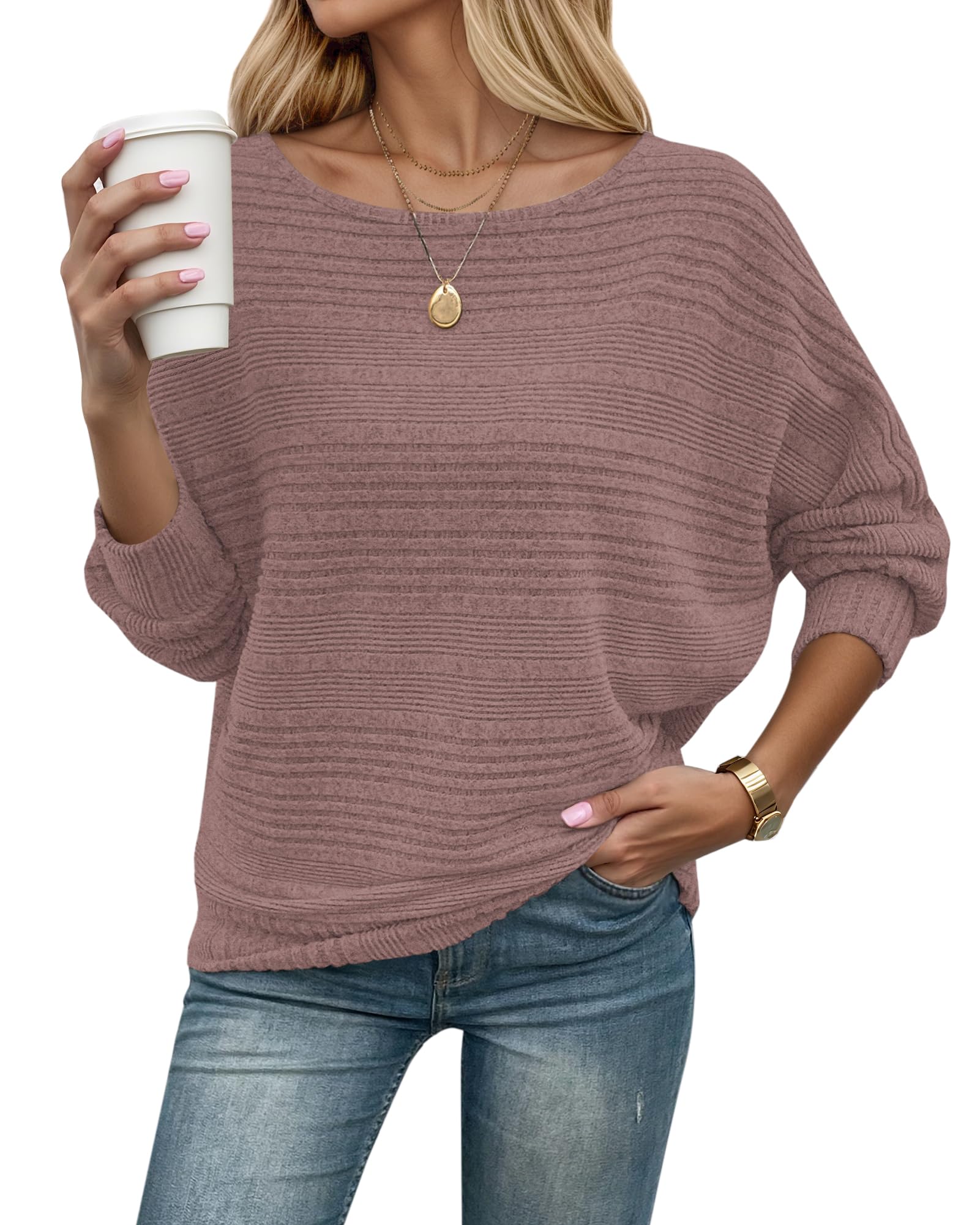 WNEEDU Women's Autumn Thin Batwing-Sleeve Knitted Jumper, Long Sleeve, Ribbed Sweater, Sweatshirt, Elegant